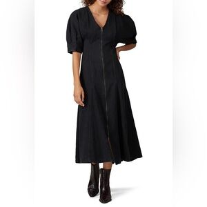 Mara Hoffman Sophie Dress Black V‑Neck Midi Dress with Puff Sleeves